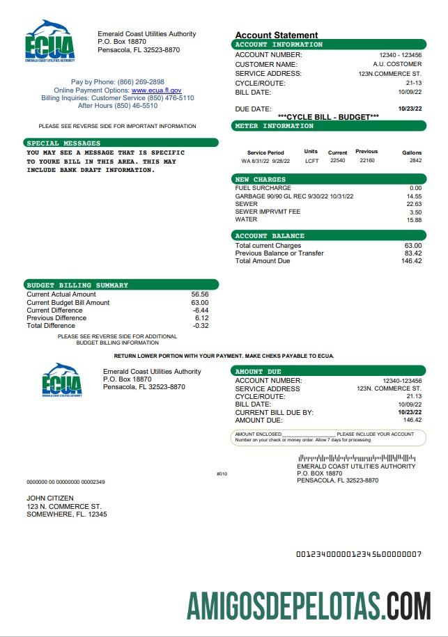 Para baixar modelo de conta de serviços públicos ECUA dos EUA em formato Word e PDF